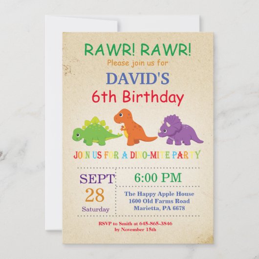 Invitation d'anniversaire de dinosaure Fête de Din (Devant)