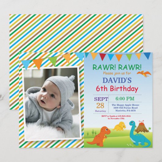 Invitation d'anniversaire de dinosaure Fête de Din (Devant / Derrière)