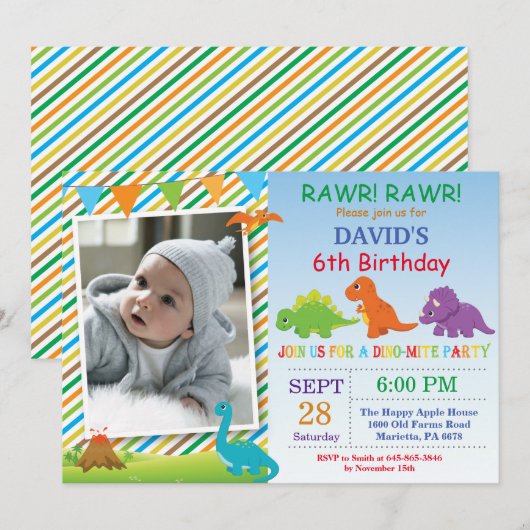 Invitation d'anniversaire de dinosaure Fête de Din (Devant / Derrière)