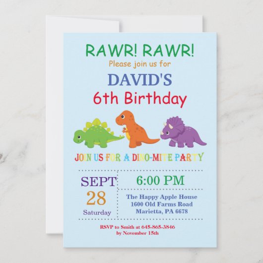 Invitation d'anniversaire de dinosaure Fête de Din (Devant)