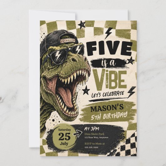 Invitation d'anniversaire de dinosaure Five is a V (Devant)