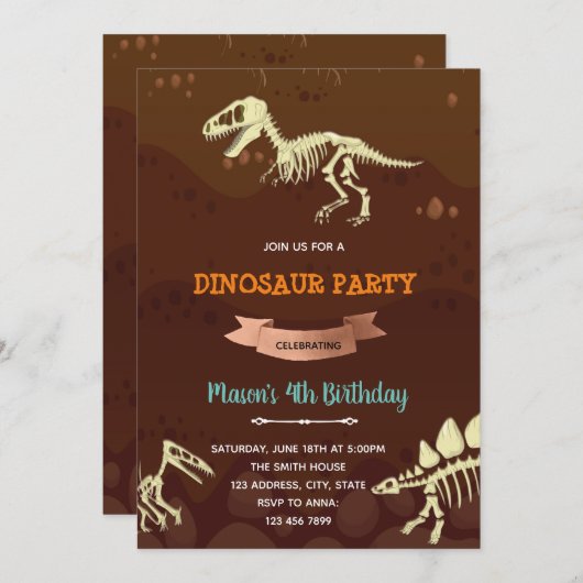 Invitation d'anniversaire de dinosaure fossile (Devant / Derrière)