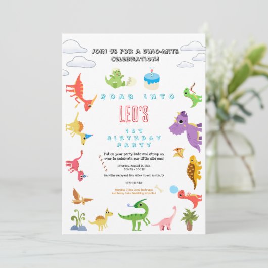 Invitation d'anniversaire de dinosaure / Garçon mi (Debout devant)