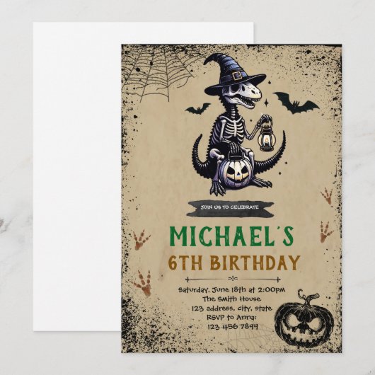 Invitation d'anniversaire de dinosaure Halloween (Devant / Derrière)