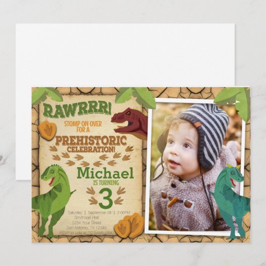 Invitation d'anniversaire de dinosaure, invitation (Devant / Derrière)