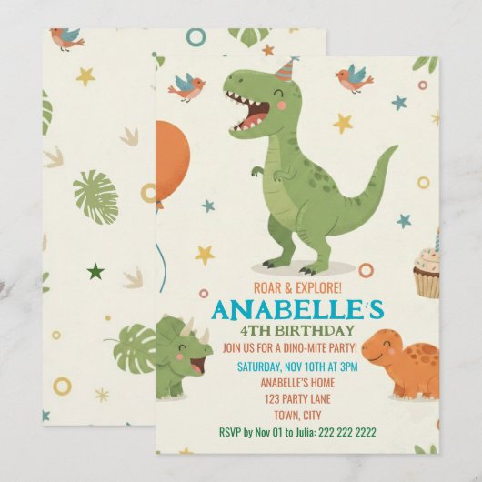 Invitation d'anniversaire de dinosaure mignon (Devant / Derrière)