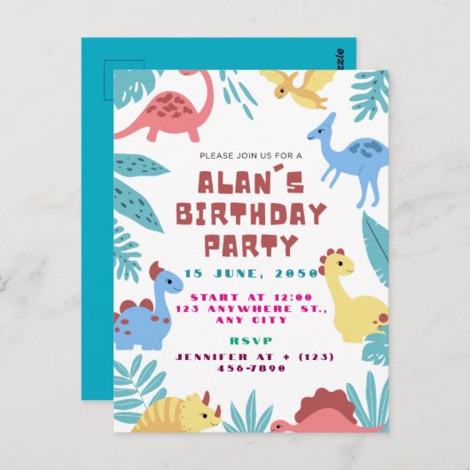 Invitation d'anniversaire de dinosaure mignon (Devant / Derrière)