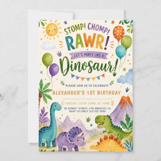 Invitation d'anniversaire de dinosaure mignon pour (Devant)