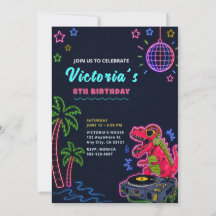 Invitation d'anniversaire de dinosaure néon