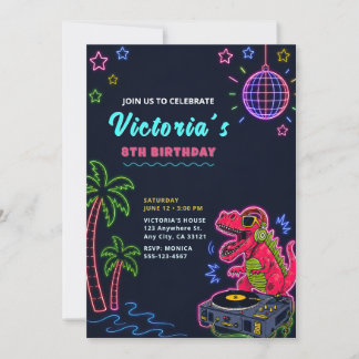 Invitation d'anniversaire de dinosaure néon