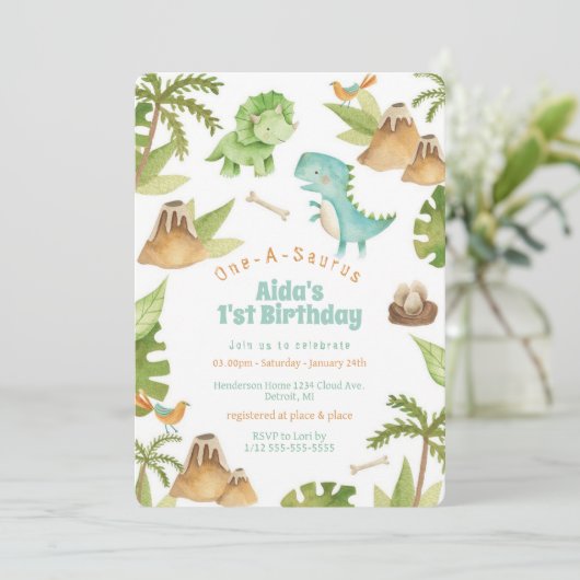 Invitation d'anniversaire de dinosaure One-A-Sauru (Debout devant)