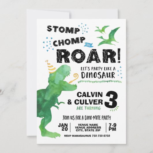 Invitation d'anniversaire de dinosaure pour jumeau (Devant)