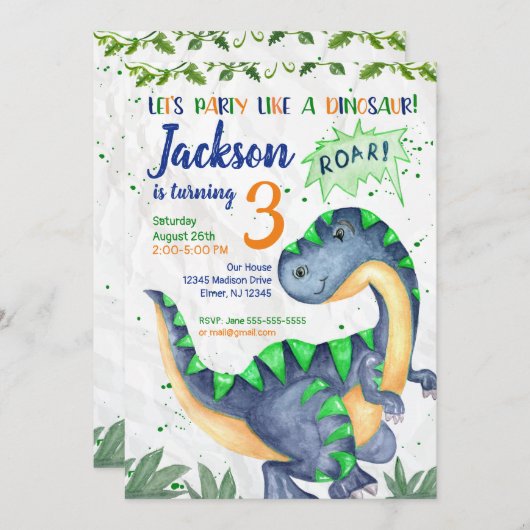 Invitation d'anniversaire de dinosaure pour un (Devant / Derrière)