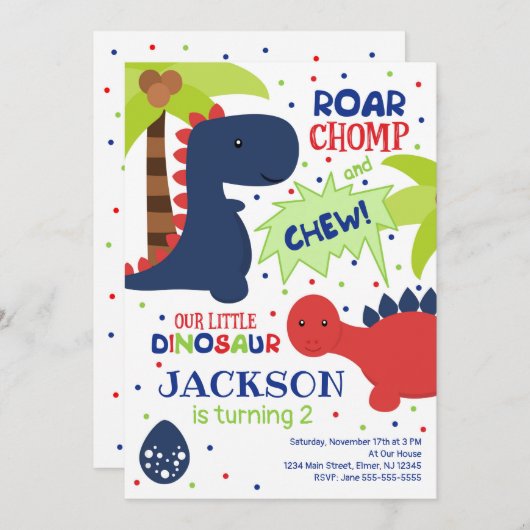 Invitation d'anniversaire de dinosaure pour un (Devant / Derrière)