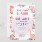 Invitation d'anniversaire de dinosaure rose pour f (Devant)