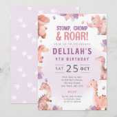 Invitation d'anniversaire de dinosaure rose pour f (Devant / Derrière)