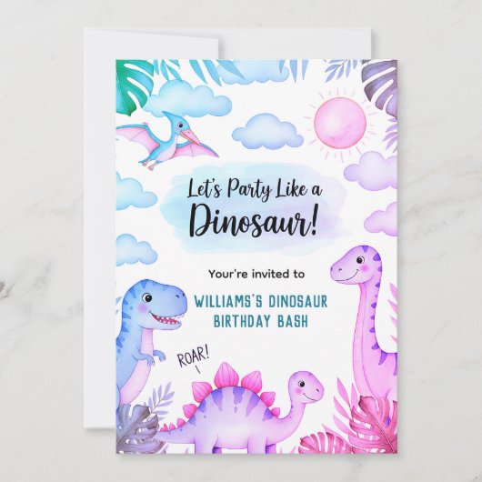 Invitation d'anniversaire de dinosaure rugissant (Devant)