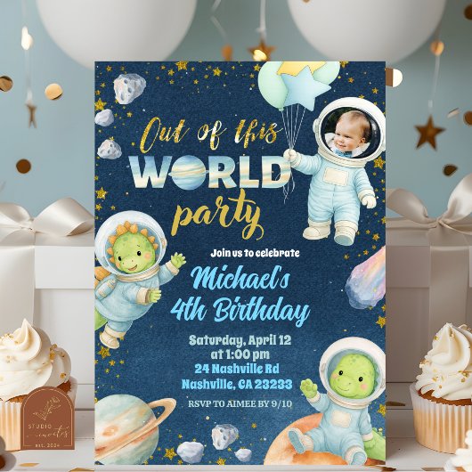 Invitation d'anniversaire de dinosaure spatial ave