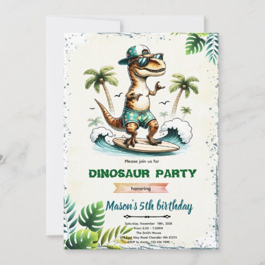 Invitation d'anniversaire de dinosaure surfeur  (Devant)