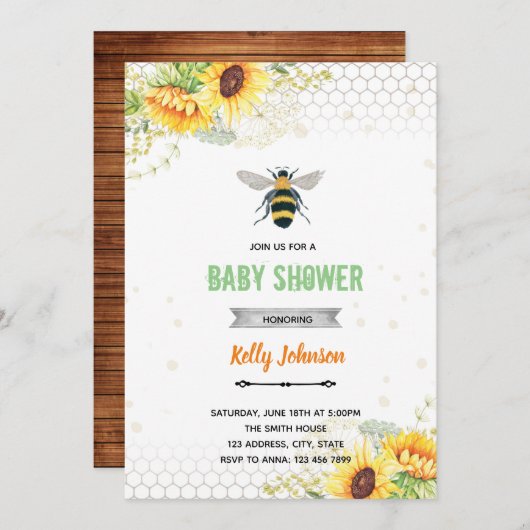 Invitation d'anniversaire de douche abeille à miel (Devant / Derrière)