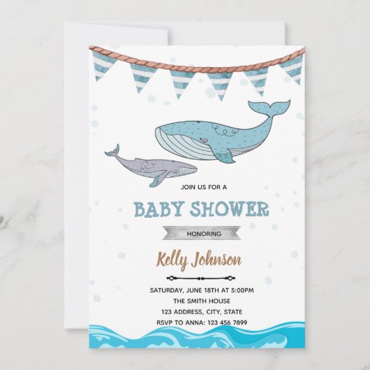 Invitation d'anniversaire de douche de baleine sou (Devant)