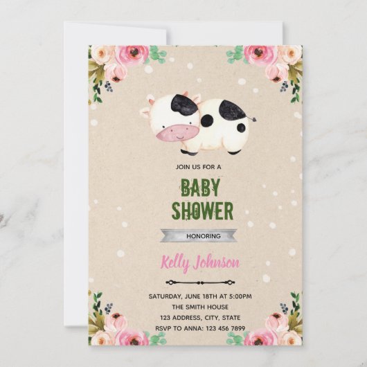 Invitation d'anniversaire de douche de vache de fl (Devant)