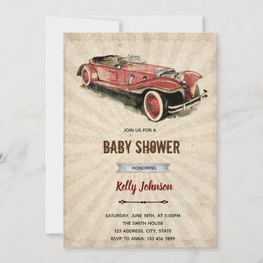 Invitation d'anniversaire de douche de voiture rét (Devant)