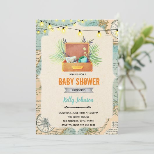 Invitation d'anniversaire de douche de voyage (Debout devant)