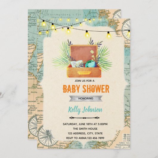 Invitation d'anniversaire de douche de voyage (Devant / Derrière)