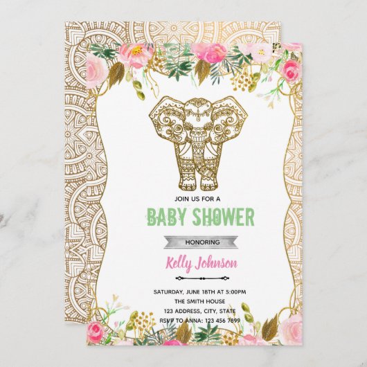 Invitation d'anniversaire de douche d'éléphant ind (Devant / Derrière)