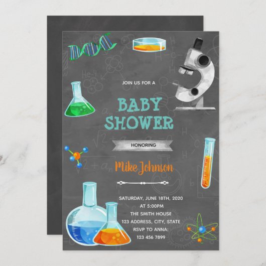 Invitation d'anniversaire de douche scientifique (Devant / Derrière)