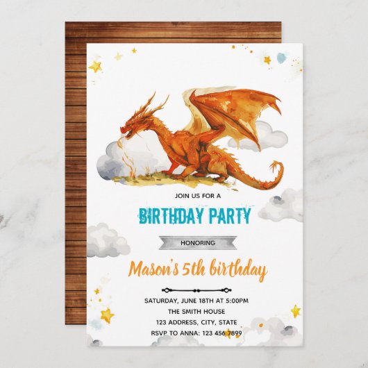 Invitation d'anniversaire de dragon (Devant / Derrière)