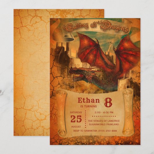 Invitation d'anniversaire de dragon (Devant / Derrière)