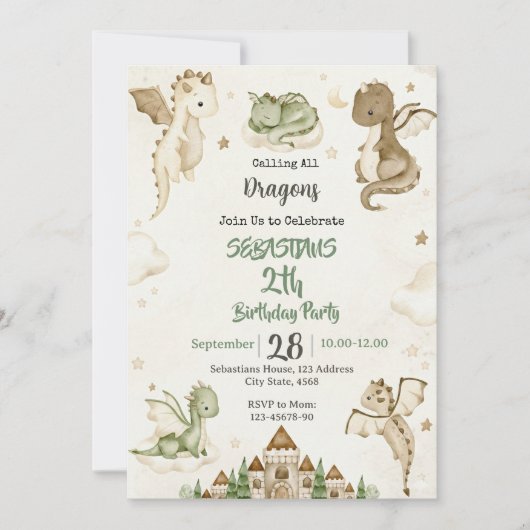 Invitation d'anniversaire de dragon à l'aquarelle (Devant)