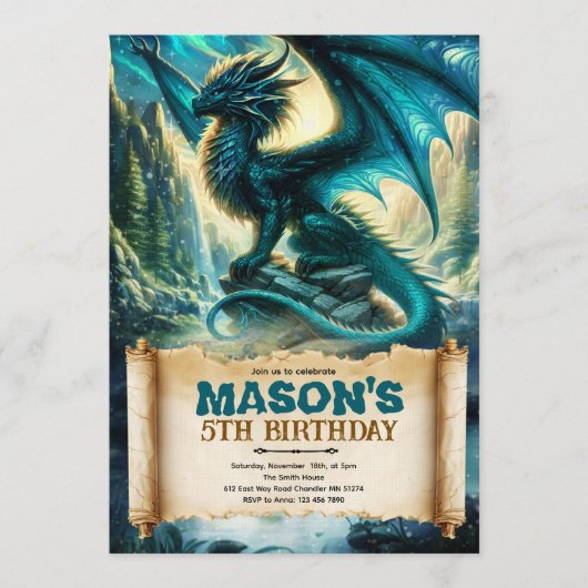 Invitation d'anniversaire de dragon de fantaisie (Devant)