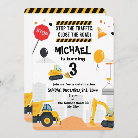 Invitation d'Anniversaire de enfant de constructio (Devant / Derrière)