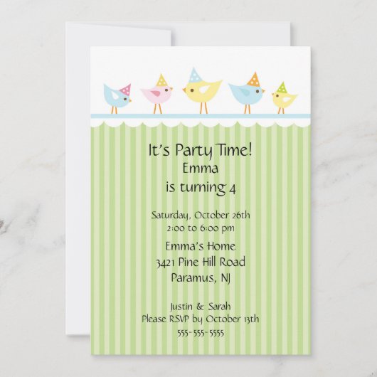 Invitation d'anniversaire de enfant d'oiseaux (Devant)