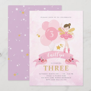 Invitation d'anniversaire de fée ballerine rose et