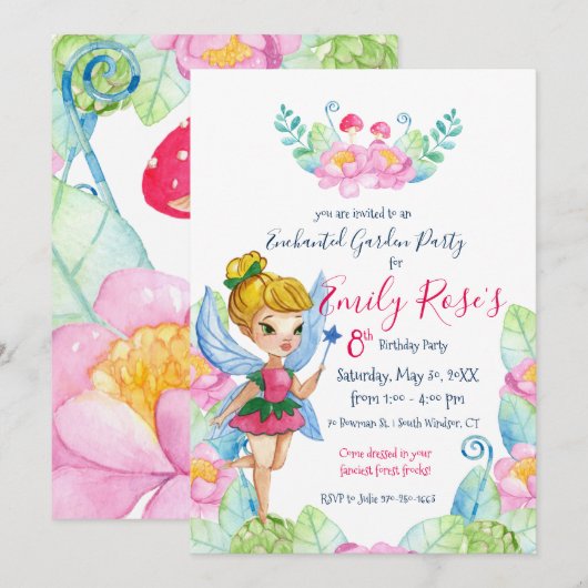 Invitation d'anniversaire de fée de jardin enchant (Devant / Derrière)