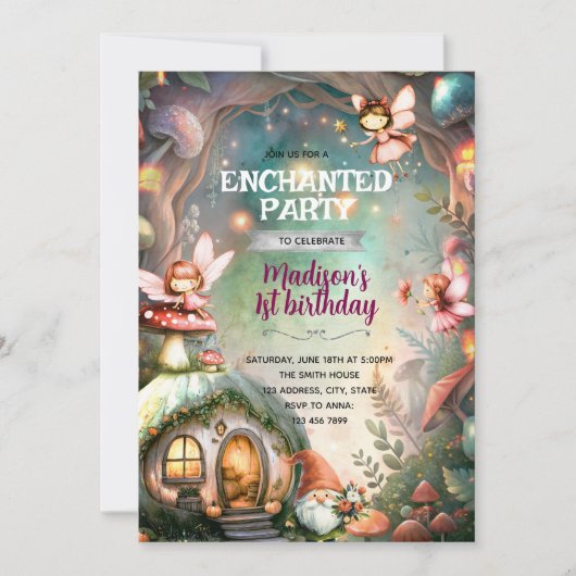 Invitation d'anniversaire de fée de la forêt et de (Devant)