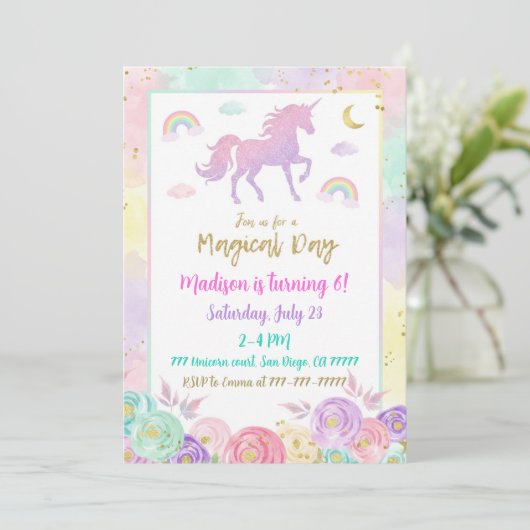 Invitation d'anniversaire de fée fête magique et f (Debout devant)
