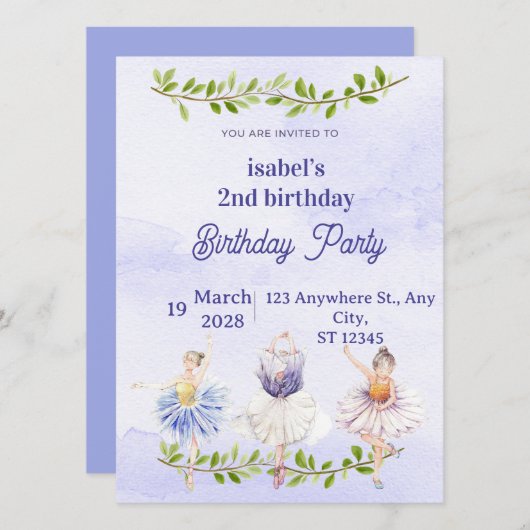 Invitation d'anniversaire de fée pour filles (Devant / Derrière)
