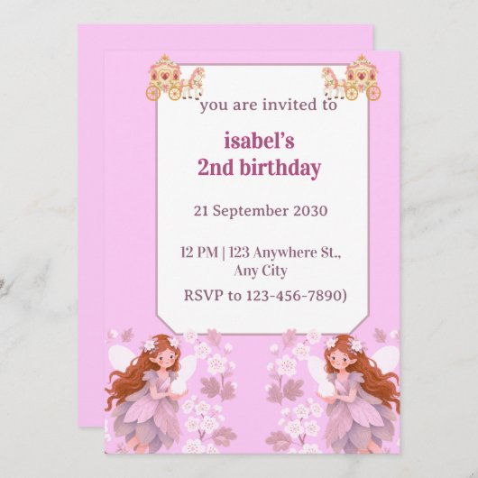 Invitation d'anniversaire de fée pour filles (Devant / Derrière)
