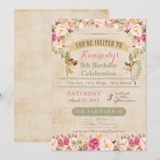Invitation d'anniversaire de fée vintage (Devant / Derrière)