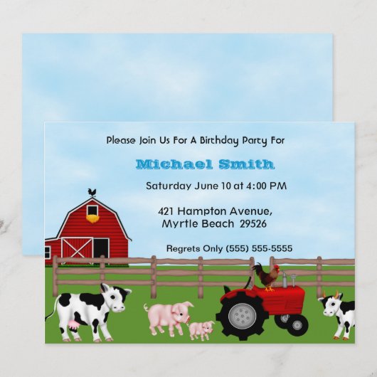 Invitation d'anniversaire de ferme (Devant / Derrière)