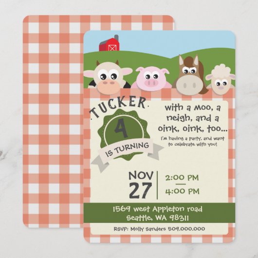 Invitation d'anniversaire de ferme (Devant / Derrière)