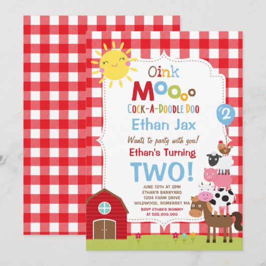 Invitation d'anniversaire de ferme Barnyard fête d (Devant / Derrière)