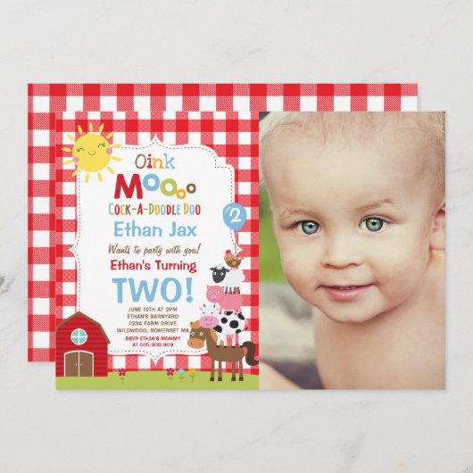 Invitation d'anniversaire de ferme Barnyard fête d (Devant / Derrière)