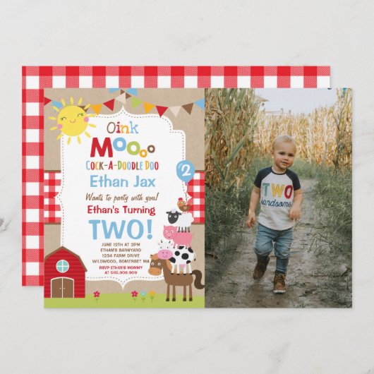 Invitation d'anniversaire de ferme Barnyard fête d (Devant / Derrière)