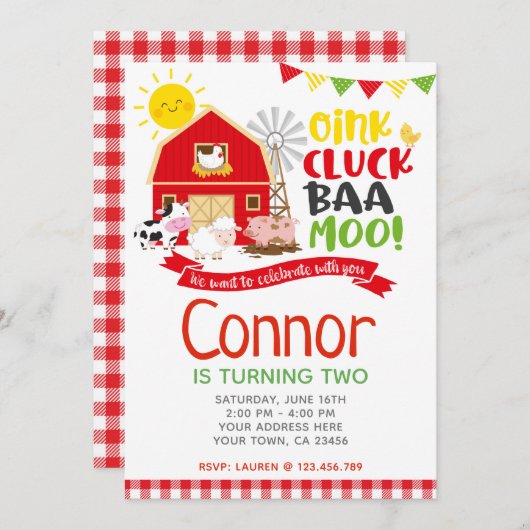 Invitation d'anniversaire de ferme, Barnyard Party (Devant / Derrière)